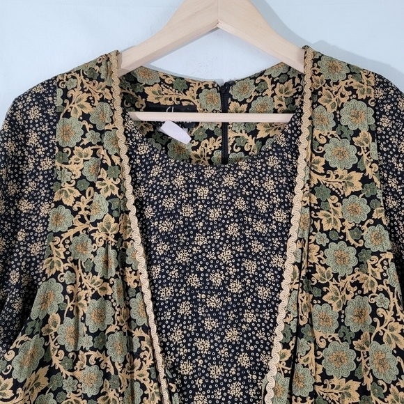 VTG CAROLE LITTLE Maxi Dress Sz 12 Black/Yellow Floral Long Sleeve Back Slit - Picture 3 of 12